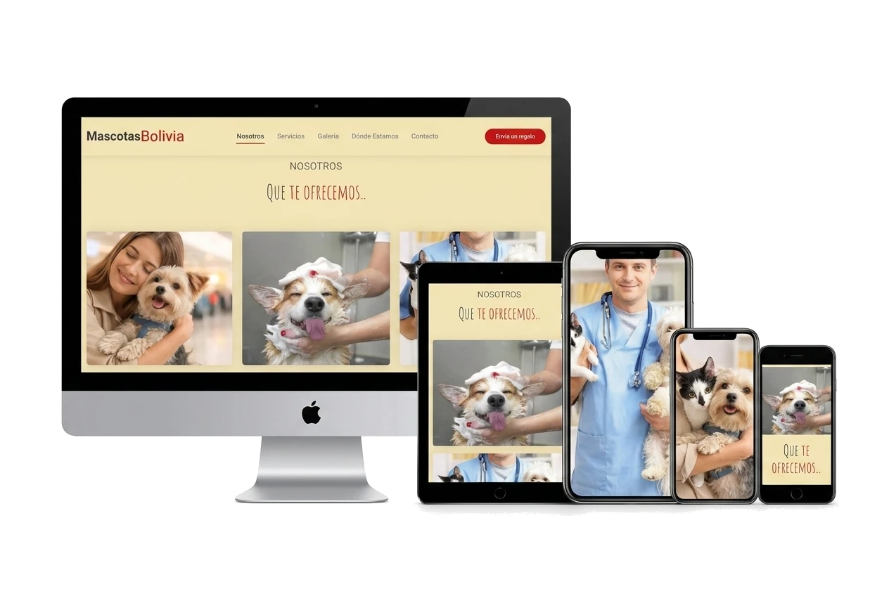 Interfaz de sitio web de Portal Mascotas de TiendasBo con reservas para veterinarias y exhibición de productos para mascotas.