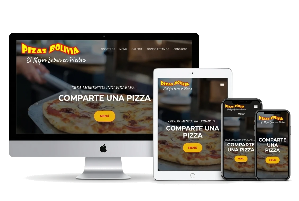 Diseño de sitio web de TiendasBo con menú digital de pizzas, mostrando especialidades, ingredientes, precios y botones de compra.
